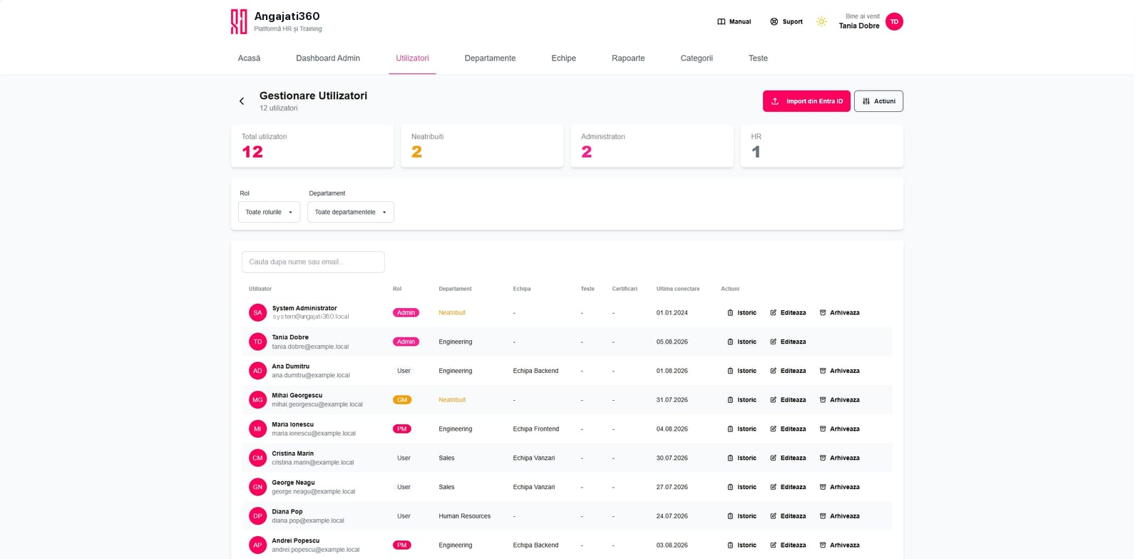 Gestionarea utilizatorilor în Angajați360: lista cu roluri marcate colorat, departamente și echipe, cu filtre, căutare și import din Microsoft Entra ID